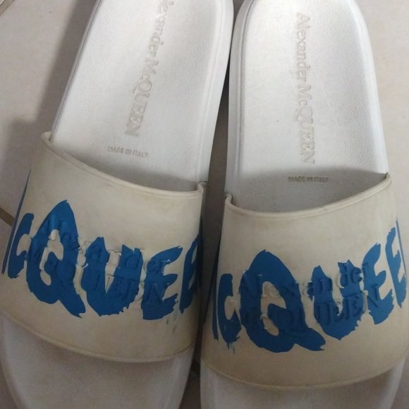 ❤️Mens ALEXANDER MCQUEEN White Blue Graffiti Pool Slides Italy 44 11 D US